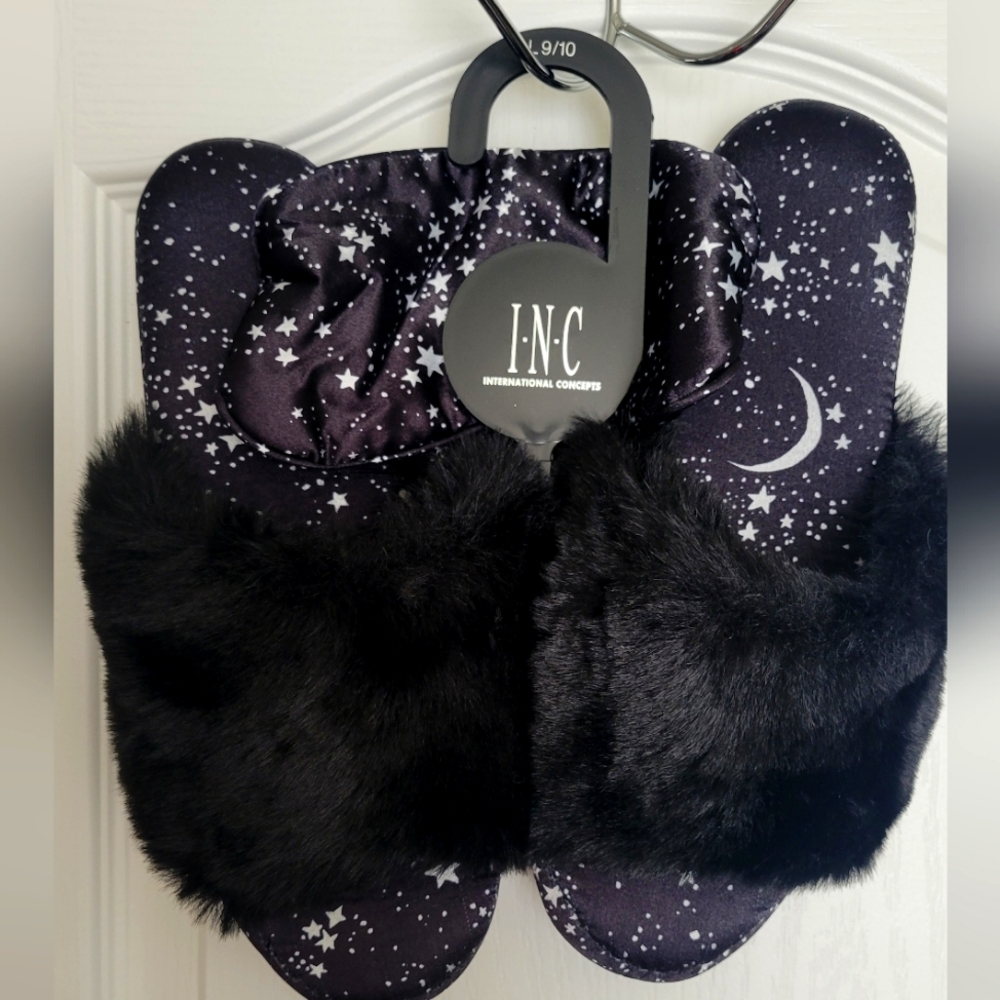 Slippers by I.N.C. plus bonus eye mask. NWT size LG. 9/10. Black fur & stars